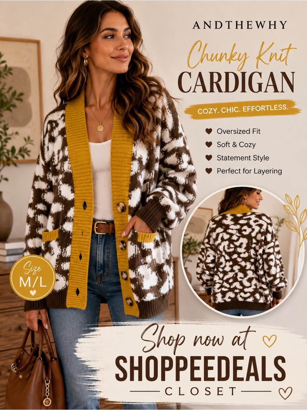 AndTheWhy Oversized Abstract Pattern Chunky Knit Cardigan Sweater M/L